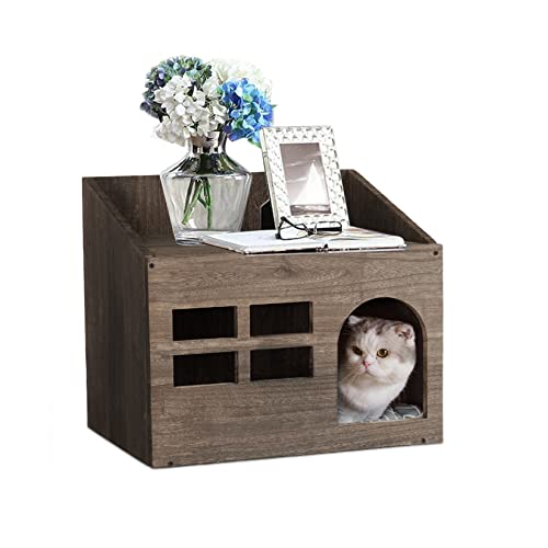 BingoPaw Cama Gato Cueva de Madera,Casa para Gatos Madera Natural con Mesita Superior Casitas para Gatos Interior Caseta Perro pequeño Chihuahua con Cojin Extraible Lavable Mueble para Mascotas <10KG