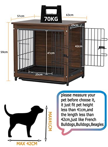 BingoPaw Jaulas para Perros Interiores en Casa,63x51x59cm Jaula Perro pequeño Mediano de Madera Jaulas Casa Perros con Diseño de Mesa Auxiliar, 2 Puertas ,Malla de Hierro y bandejas en el Fondo