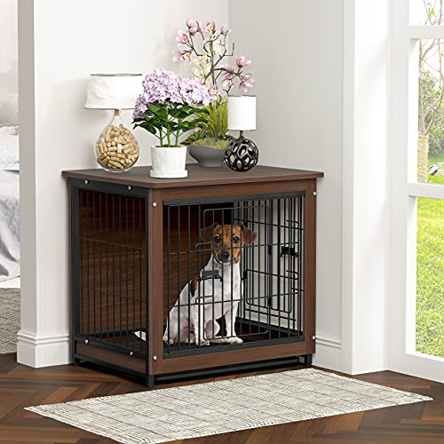 BingoPaw Jaulas para Perros Interiores en Casa,63x51x59cm Jaula Perro pequeño Mediano de Madera Jaulas Casa Perros con Diseño de Mesa Auxiliar, 2 Puertas ,Malla de Hierro y bandejas en el Fondo