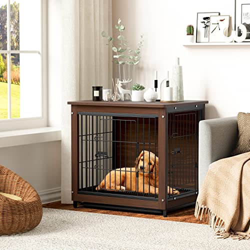 BingoPaw Jaulas para Perros Interiores en Casa,63x51x59cm Jaula Perro pequeño Mediano de Madera Jaulas Casa Perros con Diseño de Mesa Auxiliar, 2 Puertas ,Malla de Hierro y bandejas en el Fondo