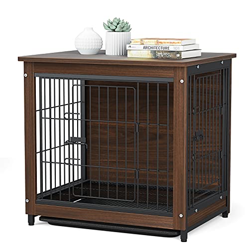 BingoPaw Jaulas para Perros Interiores en Casa,63x51x59cm Jaula Perro pequeño Mediano de Madera Jaulas Casa Perros con Diseño de Mesa Auxiliar, 2 Puertas ,Malla de Hierro y bandejas en el Fondo