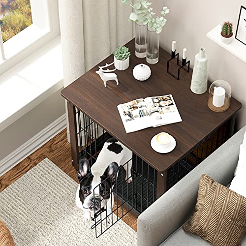 BingoPaw Jaulas para Perros Interiores en Casa,63x51x59cm Jaula Perro pequeño Mediano de Madera Jaulas Casa Perros con Diseño de Mesa Auxiliar, 2 Puertas ,Malla de Hierro y bandejas en el Fondo