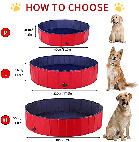 BingoPaw Piscina Perros Grandes, Piscina para Perros Plegable XXL Bañera Infantil PVC Antideslizante y Resistente al Desgaste con válvura para Interior Exterior 160x30 cm Color Rojo