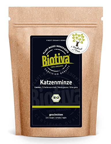 Biotiva Hierba de los gatos orgánica cortada 100 g - nepeta cataria - menta gatuna - albahaca de gatos - llenada y verificada en Alemania (DE-ÖKO-005)