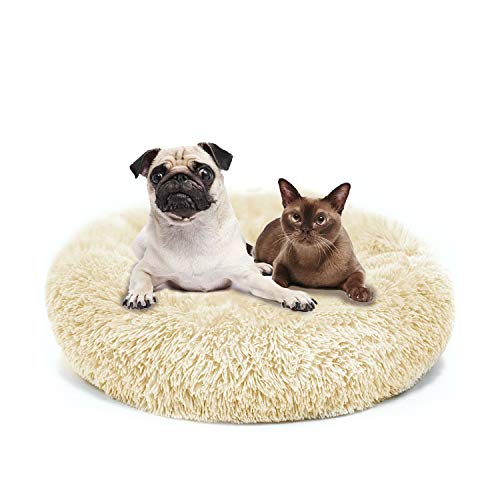 BIQIQI Redonda Cama Perro Gato Cama de Felpa Mascotas Cama Cama para Perros Gatos Redonda Antiestres Suave Sofá Cojín Dormido Calentito Donut Fondo Antideslizante Lavable a Máquina