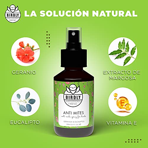 Birdly Spray Antiácaros Aves - Antiparasitario Natural Aves y su Entorno - Protección de Parásitos en Jaulas para Canarios, Jaulas para Agapornis - Repelente de Ácaros con Aceite de Geranio, 100ml