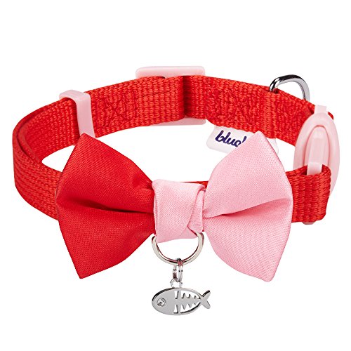 Blueberry Pet Pack of 1 Timeless Scarlet Red & Pink Breakaway Handmade Bow Tie Cat Collar with European Crystal Bead on Fish Charm, Adjustable Collars for Girl, Neck 23cm-33cm, Bow 6cm * 4.5cm