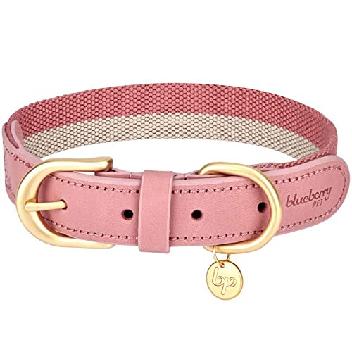 Blueberry Pet Vintage Chic Two Tone Genuine Leather Dog Collar in Pink and Grey, Medium, Neck 38cm-46cm, Adjustable Collars for Dogs