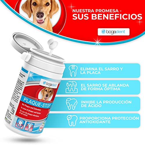 Bogadent - Plaque-Stop - Protección Dental para Perros, 70g, Polvo para Eliminar Sarro y Placa, Cuidado Contra el Mal Aliento, Refrescante, Elimina el Sarro Fácilmente, Limpieza Dental, UBO0727