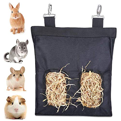 Bolsa Heno, Comedero de Heno de Cuy Comedero de Heno para Mascotas Bolsa de Heno de Conejo Comedero de Heno de Cuy para Conejos, Cobayas, Chinchillas o Animales Pequeños (2 Aberturas, Negro)