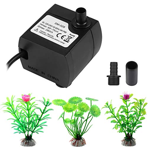 Bomba de Agua Sumergible,Liuer Bomba Agua Acuario Ultra Silenciosa para Pecera Acuario Jardín Estanque Fuente Sistemas Hidropónicos con 2 Boquillas + Cable de 1.5M + 2 Plantas Acuáticas (4W)