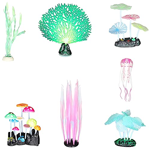 Bopfimer Algas luminosas, anémona de mar, coral de imitación, medusas, hoja de loto, hongos para acuario pecera decoración luminosa