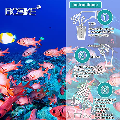 BOSIKE Kit 6 en 1 Tiras Reactivas para Acuarios y Peceras - 125 Test para Acuario de Agua Dulce como Medidor de la Dureza Total, el Nitrato, Nitrito, Cl2, Carbonato, Amoníaco y pH