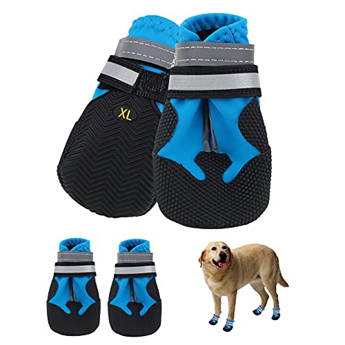 Botas para Perros,4 Piezas zapatos impermeables para perros con correas reflectantes,suela antideslizante,protectores de patas para exteriores,zapatos para perros,para perros pequeños y medianos (XL)