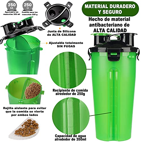 Botella de Agua para Perro Portátil-Envase de Agua 2 en 1, para Comida y Bebida para Mascotas con 2 Cuencos Plegables-Bolso dispensador excrementos y 30 Bolsas-Adecuado para al Aire Libre (Verde)