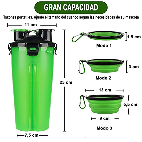 Botella de Agua para Perro Portátil-Envase de Agua 2 en 1, para Comida y Bebida para Mascotas con 2 Cuencos Plegables-Bolso dispensador excrementos y 30 Bolsas-Adecuado para al Aire Libre (Verde)