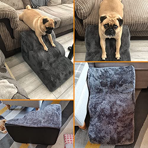 Bounabay Escalera para mascotas de 3 pasos para perros y gatos con cubierta de felpa, portátil, extraíble, lavable, para mascotas (gris)