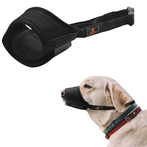 Bozal de perro con malla transpirable y nailon duradero con correas ajustables para evitar morder ladridos masticar, máscara de protección de perro para perros pequeños, medianos y grandes, negro (M)