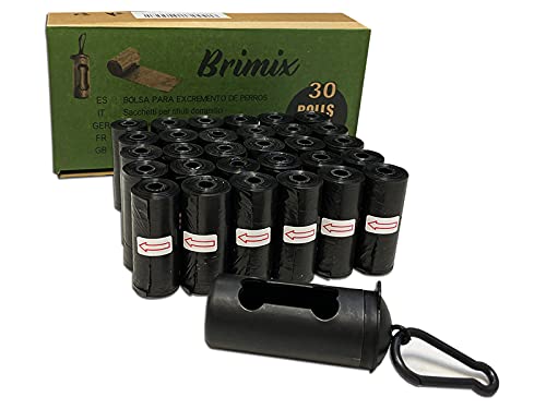 BRIMIX 450 BOLSAS PARA EXCREMENTOS DE PERRO CON DISPENSADOR PORTABOLSAS. 30 rollos x 15 bolsas/rollo. Para recoger la caca de su perro o heces de las mascotas. Poop bags desechables (NEGRA)