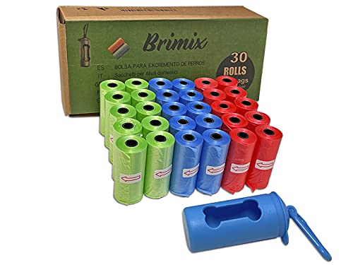 BRIMIX 450 BOLSAS PARA EXCREMENTOS DE PERRO CON DISPENSADOR PORTABOLSAS. 30 rollos x 15 bolsas/rollo. Para recoger la caca de su perro o heces de las mascotas. Poog bags desechables (MULTICOLOR)