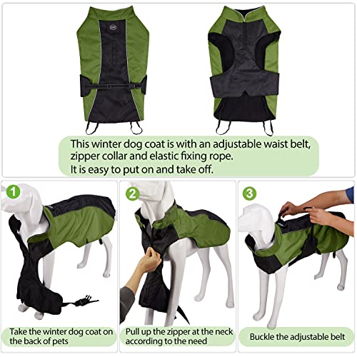 Bwiv Perro Chaqueta Abrigos Mascota Ropa Impermeable Vientre Protector Reflexivo Tira Cremallera con Agujero de Correa Ejercito Verde 3XL