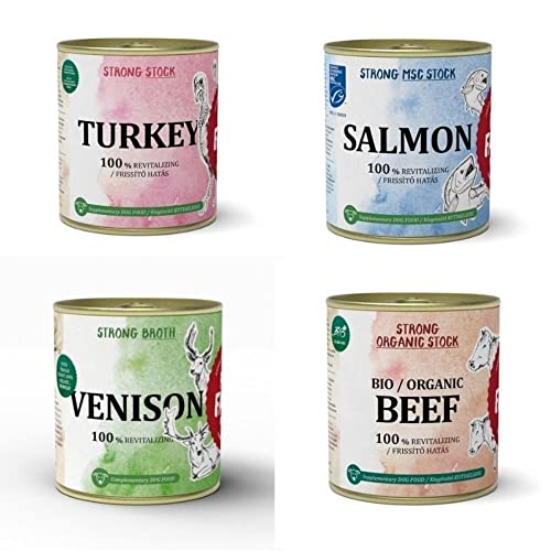 Caldos para Gatos y Perros Suplemento Natural Pavo SALMÓN VENADO y Ternera | 4 latas 300 ml Cada una