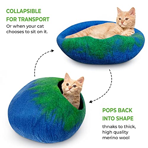 Cama Cueva de Lana para Gatos (Mediana), Hecha a Mano con 100% Lana Merino, Cueva de Fieltro ecológico para Gatos y Gatitos de Interior (Emerald On Indigo)