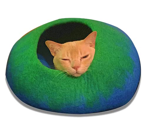 Cama Cueva de Lana para Gatos (Mediana), Hecha a Mano con 100% Lana Merino, Cueva de Fieltro ecológico para Gatos y Gatitos de Interior (Emerald On Indigo)