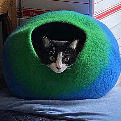 Cama Cueva de Lana para Gatos (Mediana), Hecha a Mano con 100% Lana Merino, Cueva de Fieltro ecológico para Gatos y Gatitos de Interior (Emerald On Indigo)