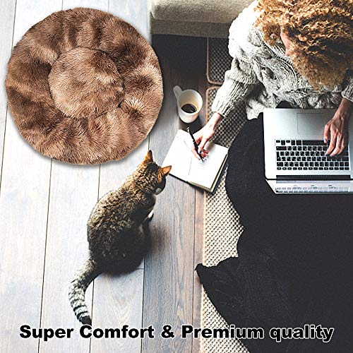 Cama de Gato Donut Cama Redonda Felpa para Perros Cómodo Suave Segura Lavable a Máquina Duradera para Mascotas Cachorros Gatitos （Café 60cm）