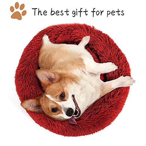 Cama de Mascotas Cama Gato Suave Cama Perro Redonda Cojín Invierno de Felpa Cálido Felpa Cama Interior Invierno para Mascotas y Cachorro Medianos Pequeños Dormir Descansar (S/50cm, Rojo)