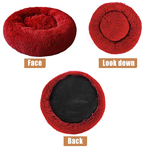 Cama de Mascotas Cama Gato Suave Cama Perro Redonda Cojín Invierno de Felpa Cálido Felpa Cama Interior Invierno para Mascotas y Cachorro Medianos Pequeños Dormir Descansar (S/50cm, Rojo)