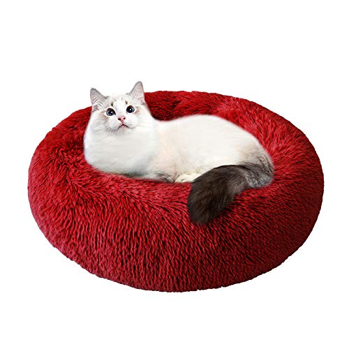 Cama de Mascotas Cama Gato Suave Cama Perro Redonda Cojín Invierno de Felpa Cálido Felpa Cama Interior Invierno para Mascotas y Cachorro Medianos Pequeños Dormir Descansar (S/50cm, Rojo)