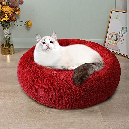 Cama de Mascotas Cama Gato Suave Cama Perro Redonda Cojín Invierno de Felpa Cálido Felpa Cama Interior Invierno para Mascotas y Cachorro Medianos Pequeños Dormir Descansar (S/50cm, Rojo)