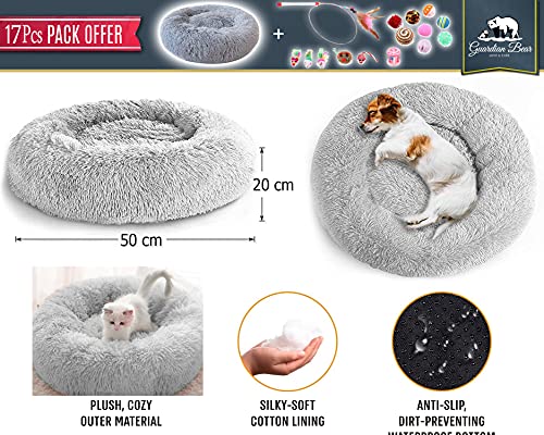 Cama Gato Antiestrés con 16 Juguetes para Gatos, Cama para Gatos Suave Redonda Tipo Donut de 50cm. y Pack de Juguetes para Gatos, Cama para Gatos de Lujo Lavable a Máquina (Cat Toys Gris)