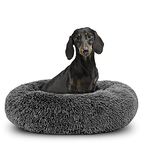 Cama para perro Sound Sleep de The Dog’s Bed, forma redonda, funda extraíble de felpa marrón grande, cama nido, relajante y de gran calidad