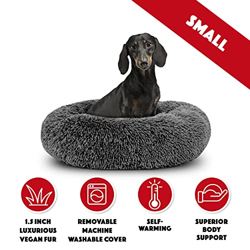 Cama para perro Sound Sleep de The Dog’s Bed, forma redonda, funda extraíble de felpa marrón grande, cama nido, relajante y de gran calidad