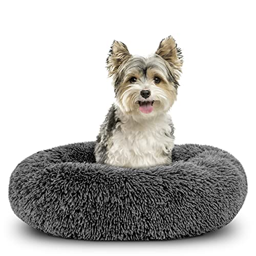 Cama para perro Sound Sleep de The Dog’s Bed, forma redonda, funda extraíble de felpa marrón grande, cama nido, relajante y de gran calidad