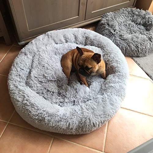 Cama para perros extra grande calmante ortopédica suave cojín anti ansiedad Donut Camas mullidas de felpa sofá de mimbre cueva calentada XXL cesta para dormir Xl perros medianos grandes (80 cm, gris)