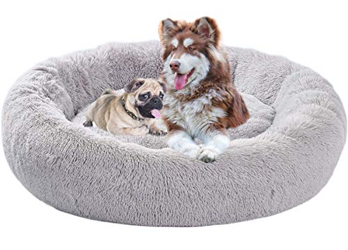 Cama para perros extra grande calmante ortopédica suave cojín anti ansiedad Donut Camas mullidas de felpa sofá de mimbre cueva calentada XXL cesta para dormir Xl perros medianos grandes (80 cm, gris)