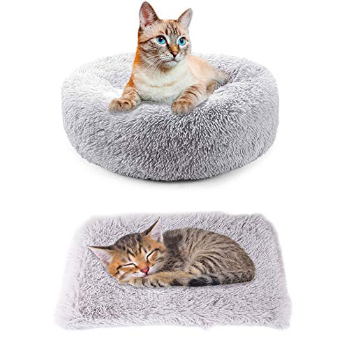 Cama para Perros Gatos y Mantas Perros 2 Piezas de felpa suave Camas redondas para rosquillas Almohadas para Perros Cojín para Camas para Gatos con Calentamiento Automático Cojín para Sofá para Perros