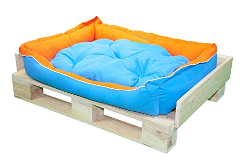 Cama para Perros, Sofá para Perros, Cesta para Perros con Cojín Extraíble/Reversible de Color Azul y Naranja + Cama Palet Europeo NUEVOS A ESTRENAR (Colchoneta + Palet, M (65x55x23.5 cm))