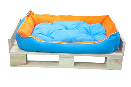 Cama para Perros, Sofá para Perros, Cesta para Perros con Cojín Extraíble/Reversible de Color Azul y Naranja + Cama Palet Europeo NUEVOS A ESTRENAR (Colchoneta + Palet, M (65x55x23.5 cm))