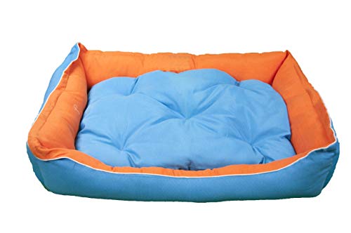 Cama para Perros, Sofá para Perros, Cesta para Perros con Cojín Extraíble/Reversible de Color Azul y Naranja + Cama Palet Europeo NUEVOS A ESTRENAR (Colchoneta + Palet, M (65x55x23.5 cm))