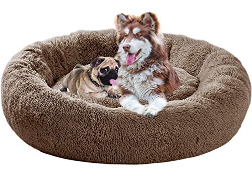 Cama para Perros tamaño Extra Grande,Camas Perros Grandes Lavable,con Forma Redonda,sponjosa,Relajante,Camas de Lujo para Perros Grandes,Cama de Pelo para Perros Grandes (100cm,Marrón)