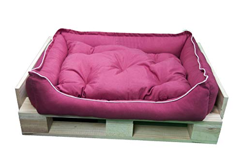 Cama para Perros y Gatos, Sofá para Perros/Gatos, Cesta para Perros/Gatos con Cojín Extraíble de Color Granate + Cama Palet Europeo NUEVOS A ESTRENAR (M, Colchoneta + Palet)