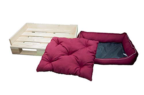 Cama para Perros y Gatos, Sofá para Perros/Gatos, Cesta para Perros/Gatos con Cojín Extraíble de Color Granate + Cama Palet Europeo NUEVOS A ESTRENAR (M, Colchoneta + Palet)