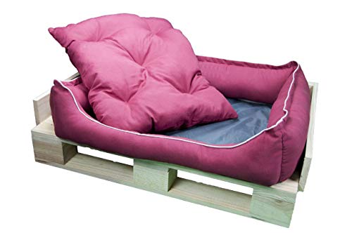 Cama para Perros y Gatos, Sofá para Perros/Gatos, Cesta para Perros/Gatos con Cojín Extraíble de Color Granate + Cama Palet Europeo NUEVOS A ESTRENAR (M, Colchoneta + Palet)