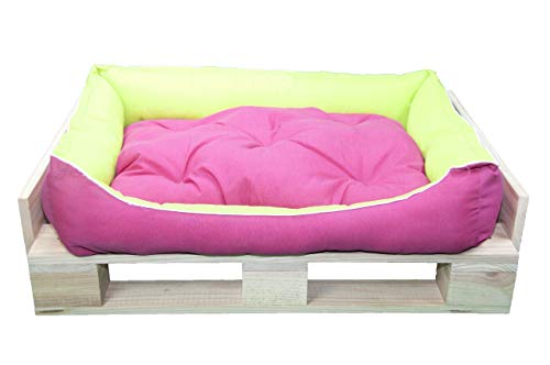 Cama para Perros y Gatos, Sofá para Perros/Gatos, Cesta para Perros/Gatos con Cojín Extraíble y Reversible de Color Fucsia y Verde + Cama Palet Europeo NUEVOS A ESTRENAR (Colchoneta, S)