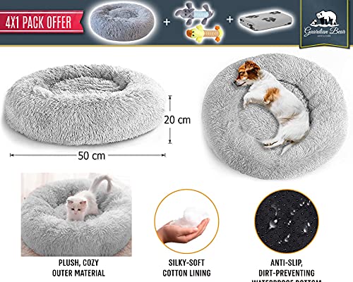 Cama Perro Antiestrés con Manta y 2 Juguetes para Perros, Cama para Perros Pequeños Redonda Tipo Donut de 50cm., Manta para Perros y 2 Juguetes para Perros (Dog Toys Gris)